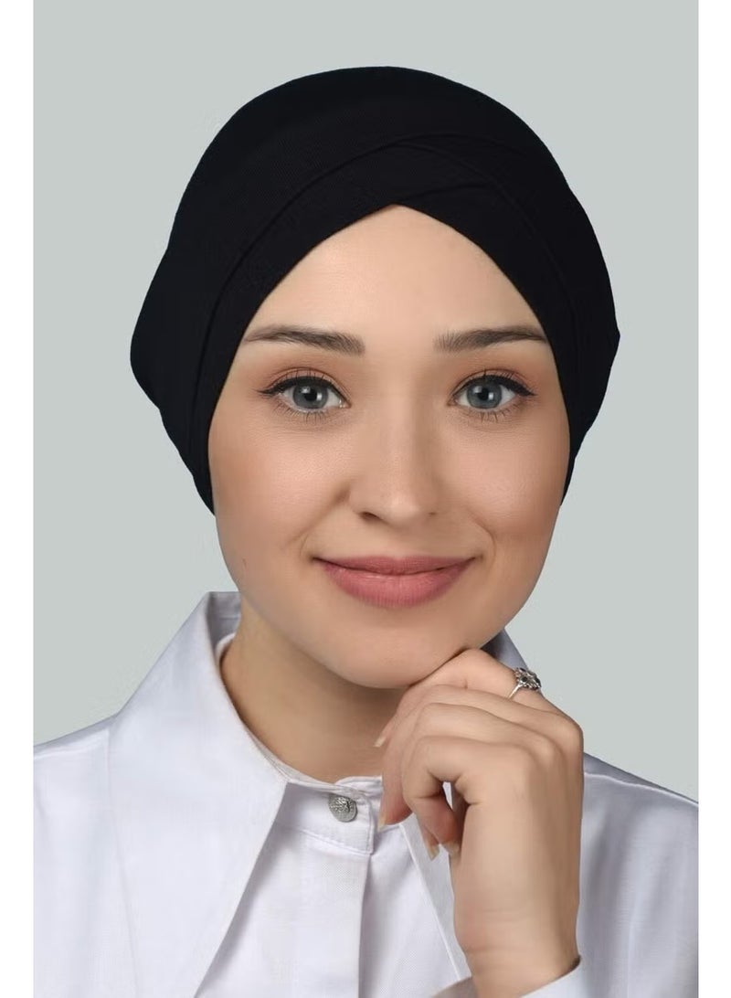 Altobeh Four-Striped Cross Outer Hijab Bonnet Ready-made Turban Combed Cotton -Black - Image 1